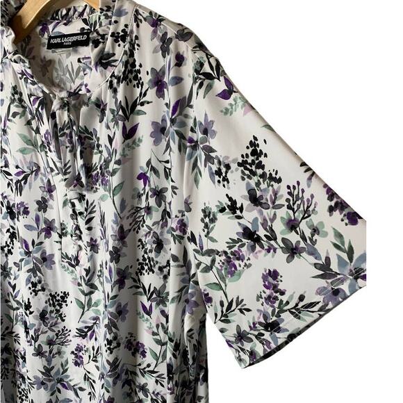 Karl Lagerfeld White Floral Jersey Tie-Neck Short Sleeve Blouse Plus Size 2X - Picture 4 of 8